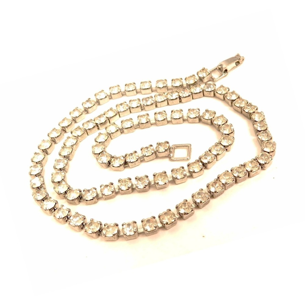 Vintage Classic Sparkly Silver Plated Clear‎ Rhinestone Choker Necklace*15-3/8"